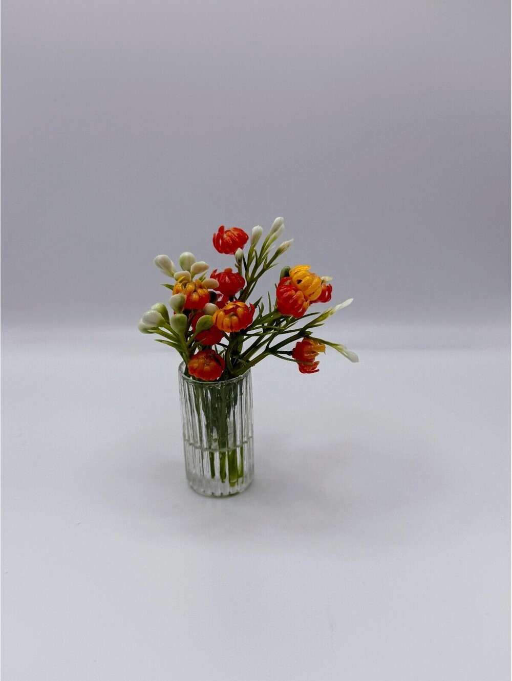 1:6 Scale Mini Flower Vase Dollhouse Ribbed Glass Bouquet, Doll Decor, Orange